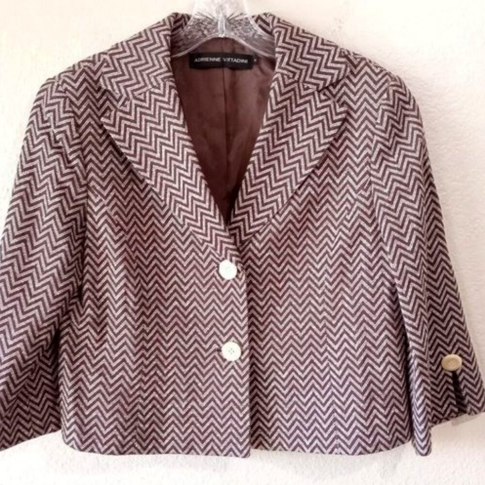 Adrienne Vittadini Herringbone Short Waist Jacket 6 Brown & Cream